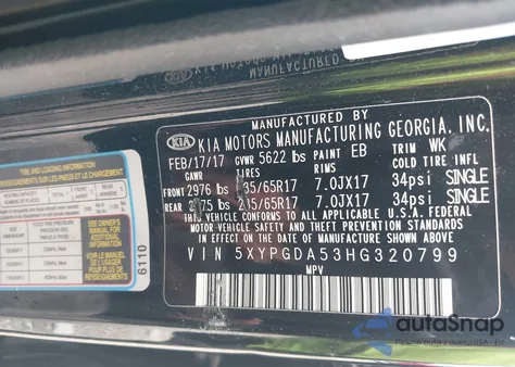 2017 Kia Sorento 3.3L Lx из США, поврежденный, VIN 5XYPGDA53HG320799